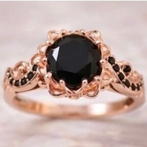 Rose Gold toned Black Statement Ring – Size 7 – Vintage Inspired Elegant setting